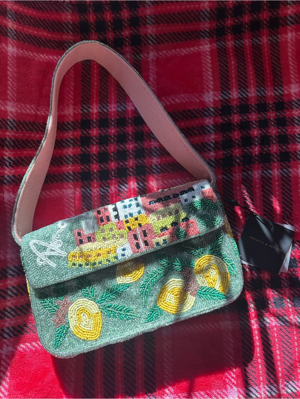 Green Beaded Floral Shoulder Bag with Pink Strap